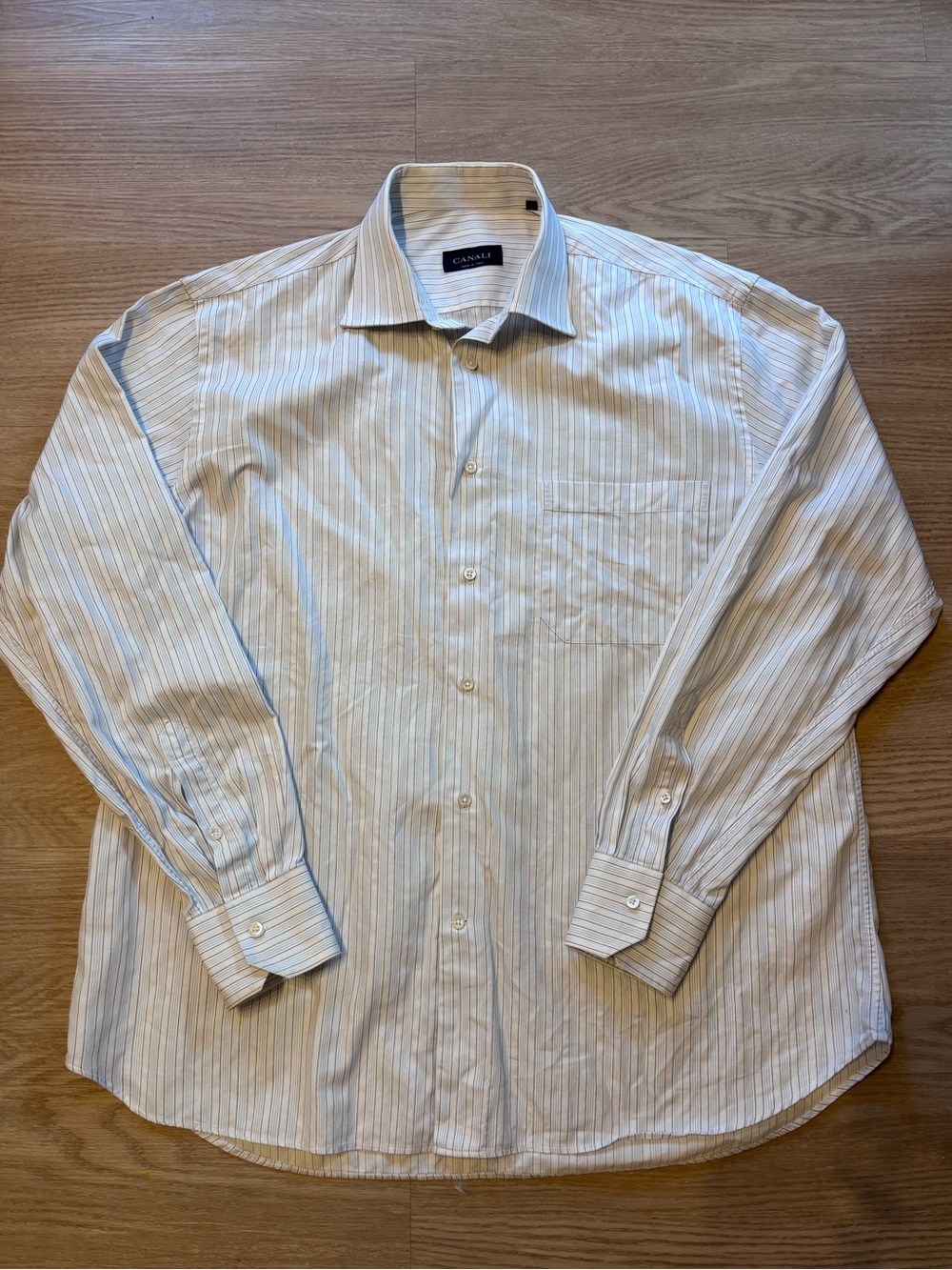 Canali Men’s 44-17 1/2 Striped Button Up Shirt Luxury Designer Office Italy Blue